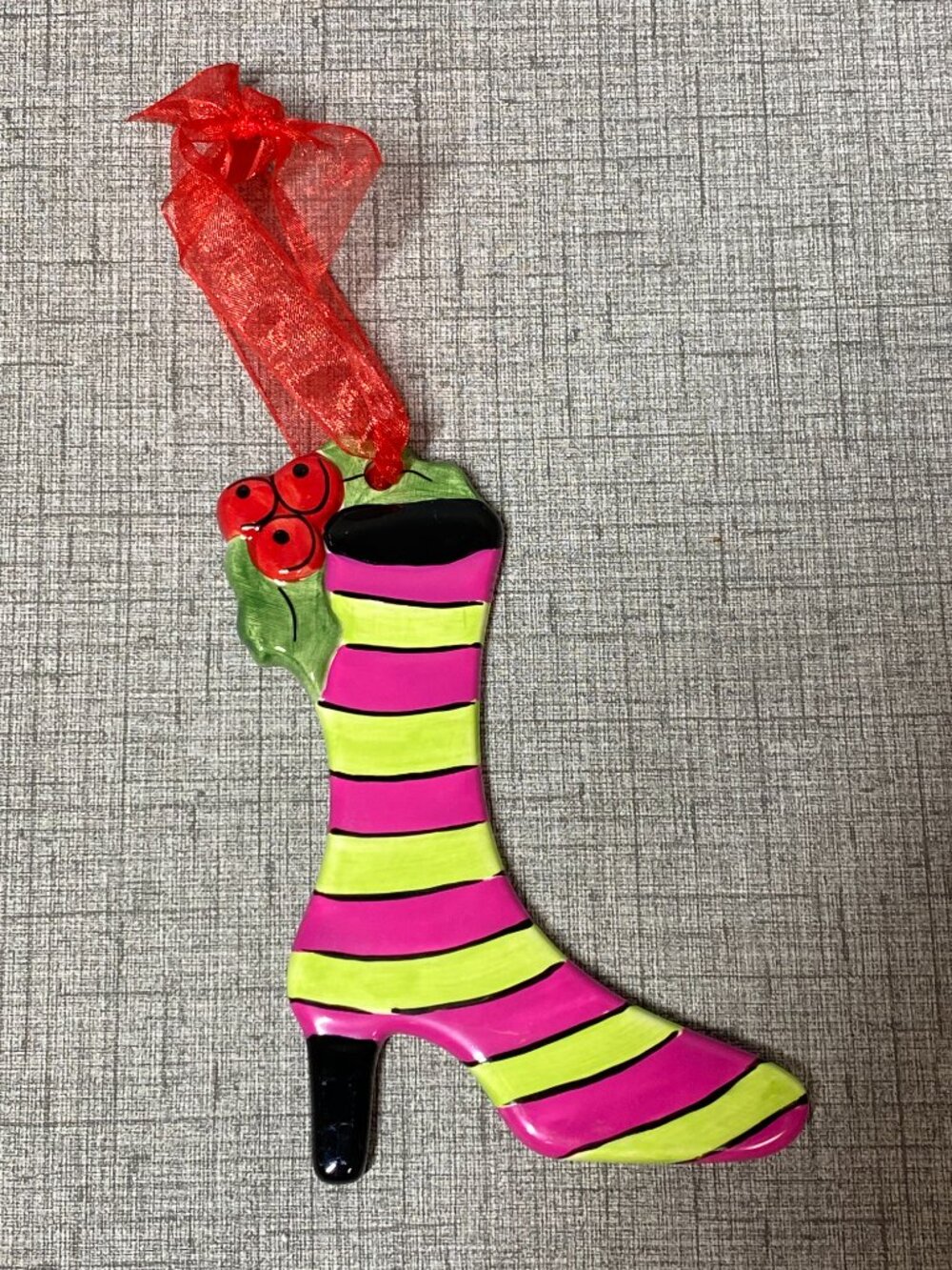 RARE RETIRED BECCA Home ETC Ceramic Christmas Boot Heel Ornament Ribbon NOS HTF